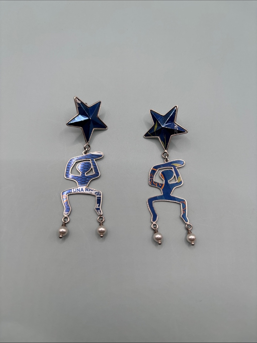 Blue Star Dancer Drop Earrings with Pearl Like Accent